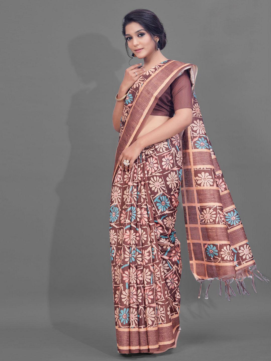 anouk brown floral printed baluchari saree