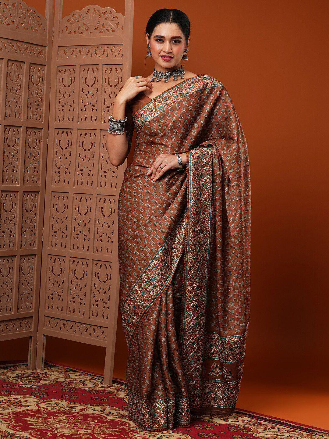 anouk brown floral printed saree