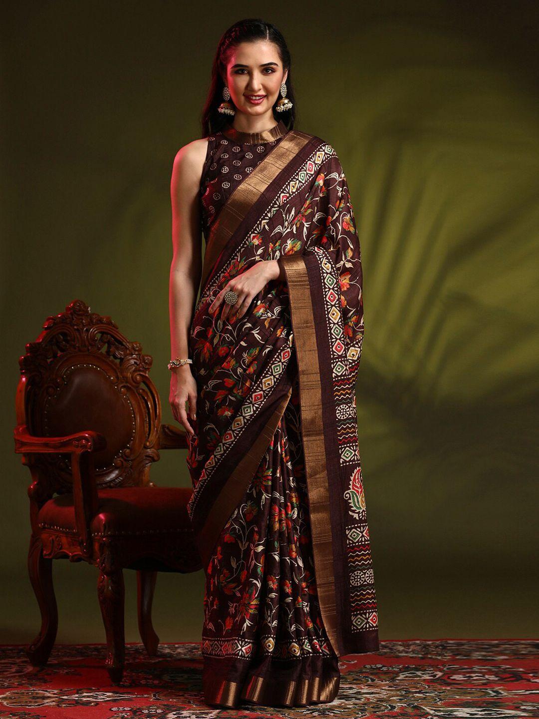 anouk brown floral printed zari sungudi saree