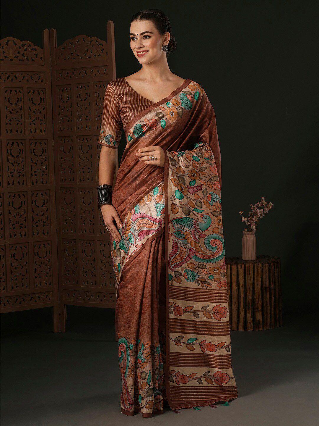 anouk brown kalamkari silk blend designer dabu saree