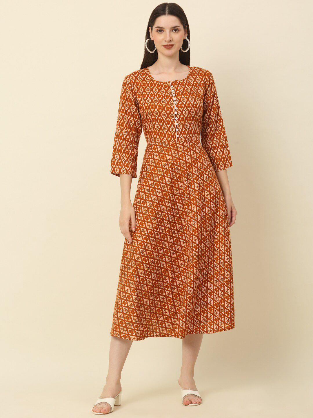 anouk brown printed a-line cotton midi ethnic dress