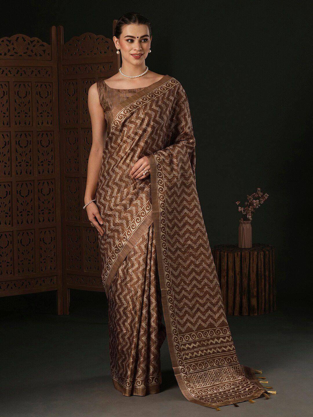 anouk brown silk blend designer bagru saree