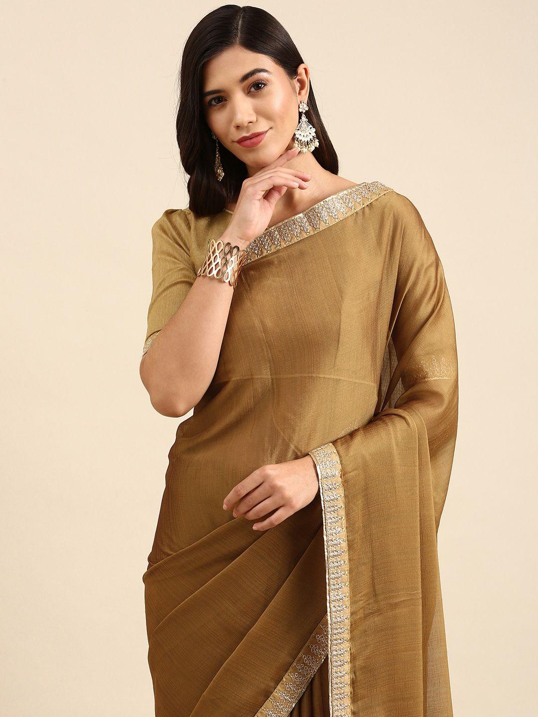 anouk brown solid sequinned pure chiffon saree