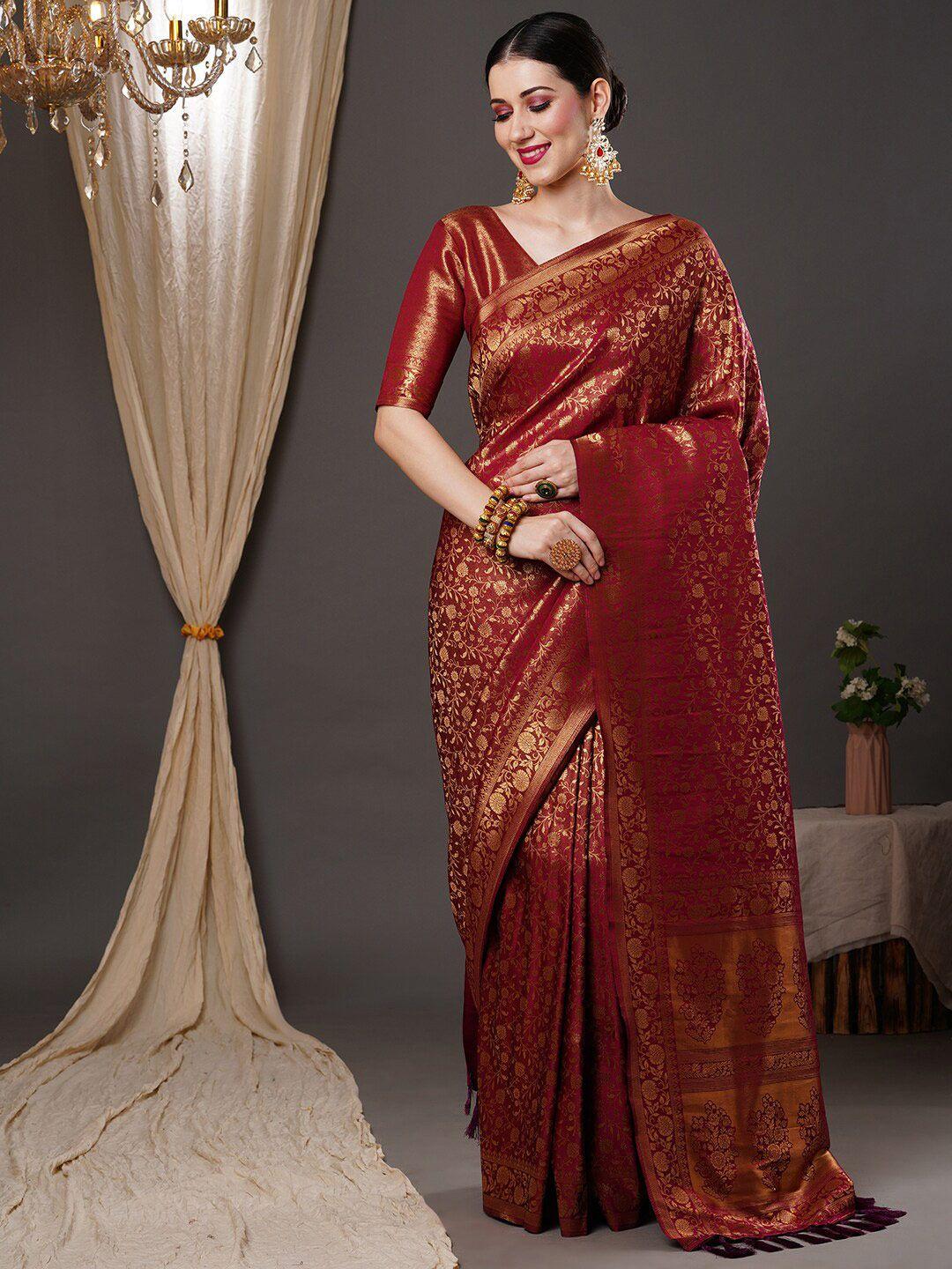 anouk burgundy & gold-toned floral woven design zari kanjeevaram saree