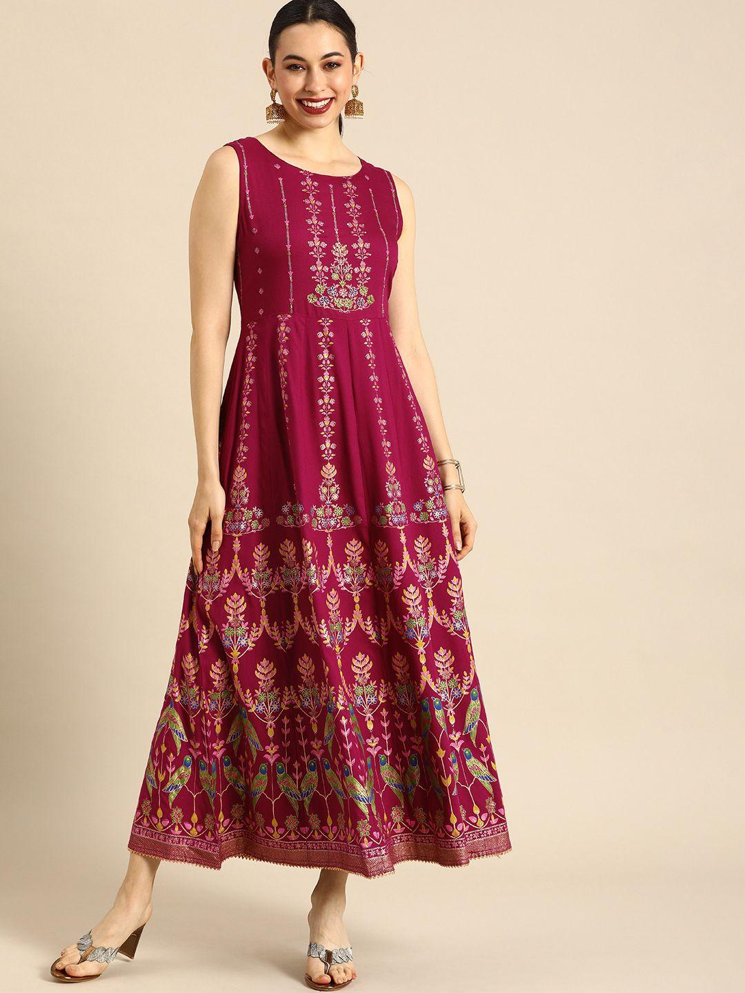 anouk burgundy & golden ethnic motifs ethnic maxi dress