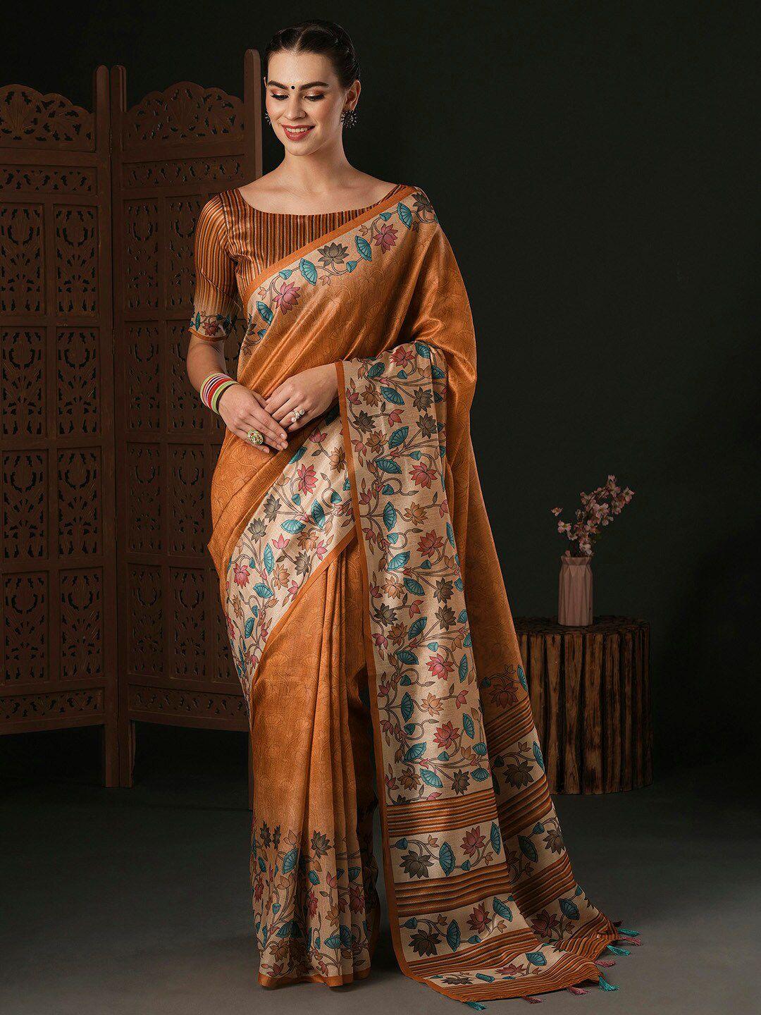 anouk camel brown kalamkari silk blend designer dabu saree