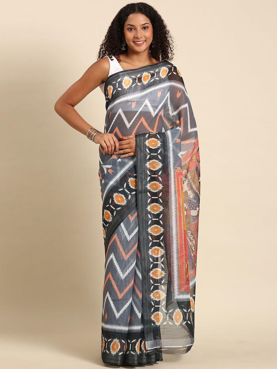 anouk charcoal & orange chevron printed saree