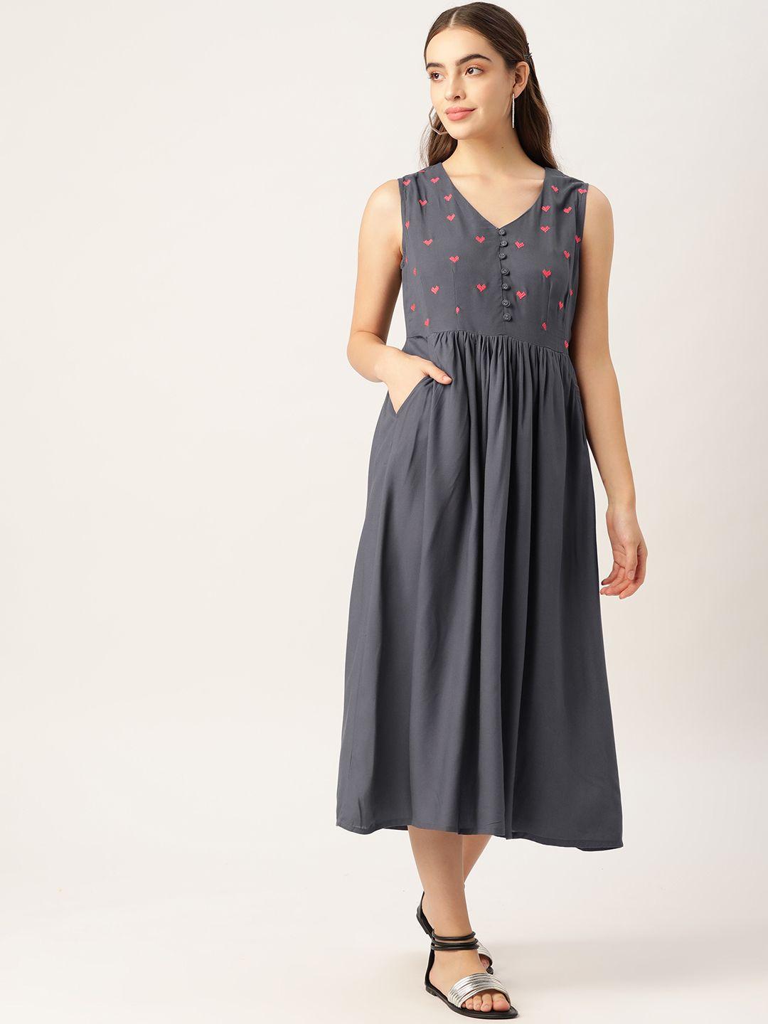 anouk charcoal & pink ecovero sustainable rayon dobby embroidered ethnic a-line midi dress