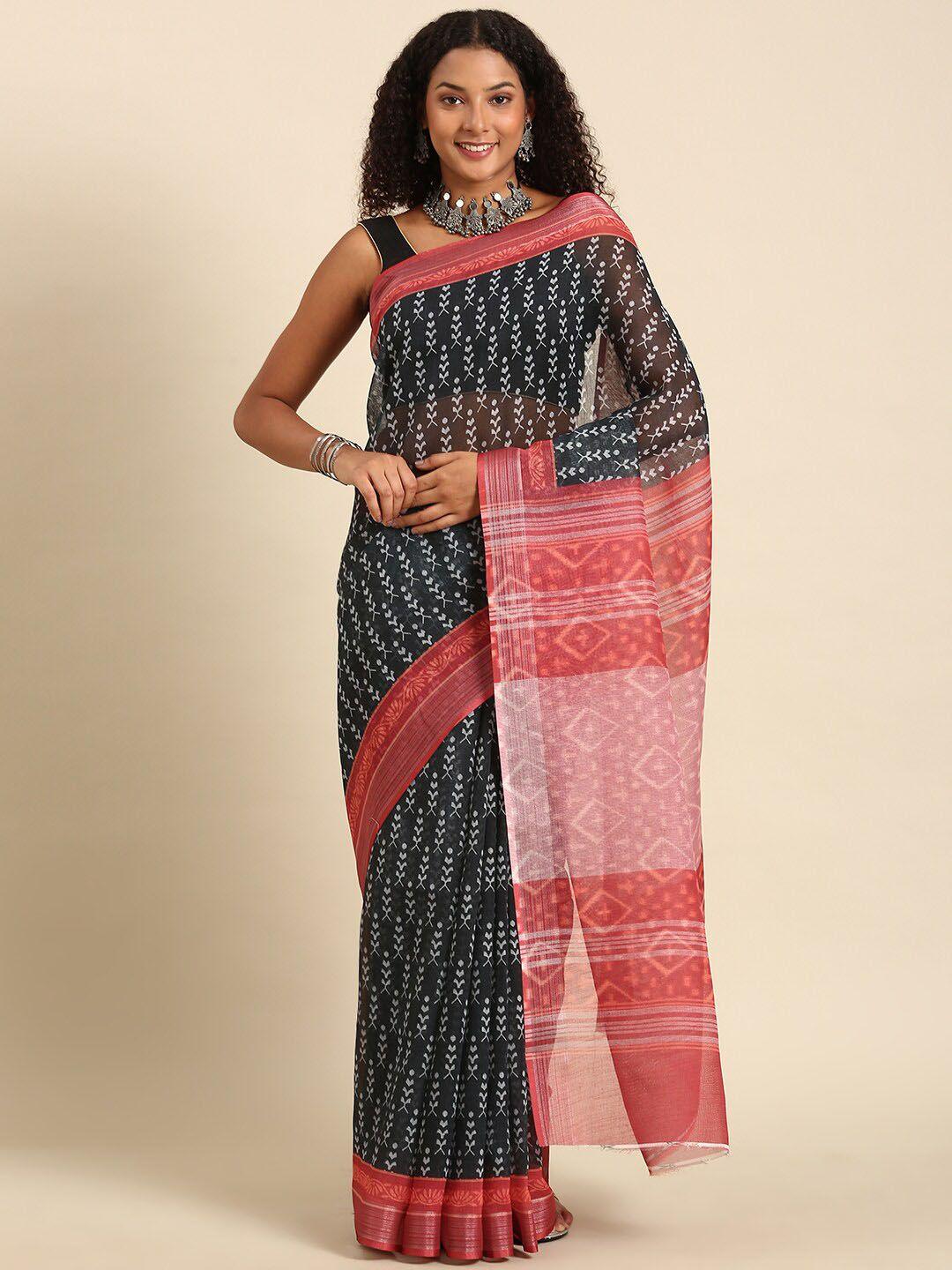 anouk charcoal & red ethnic motifs zari printed saree