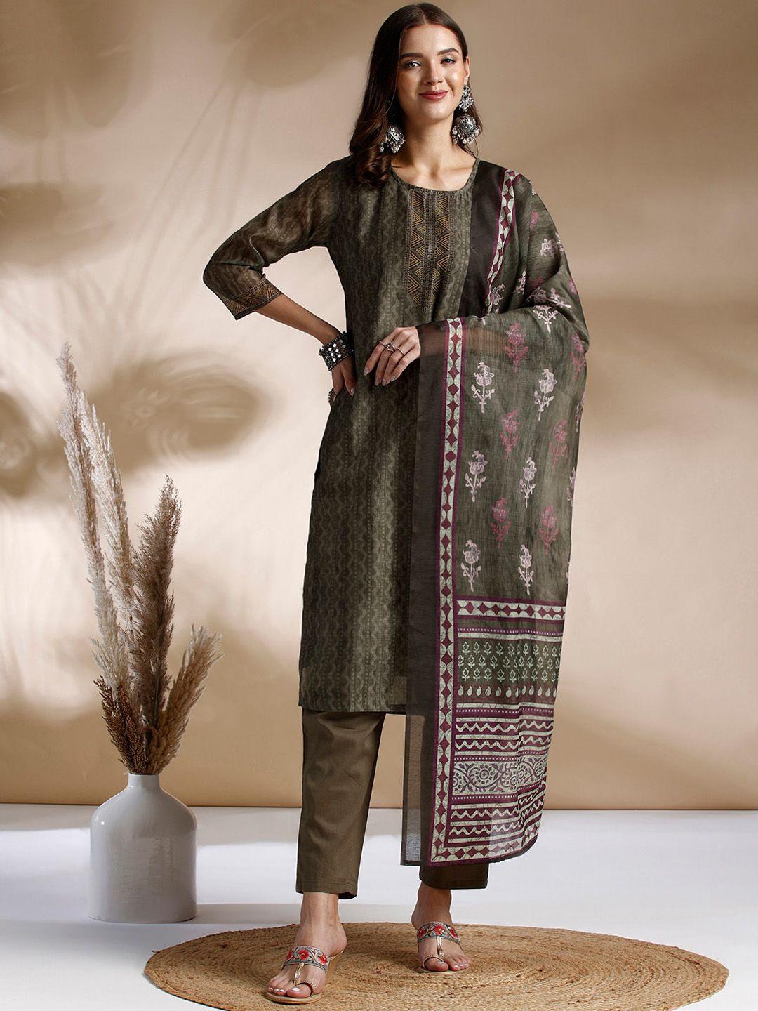 anouk chevron printed regular chanderi cotton kurta with trousers & dupatta