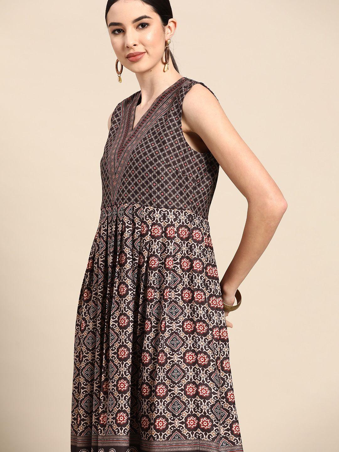 anouk coffee brown & beige digital ethnic motifs print crepe midi fit & flare dress