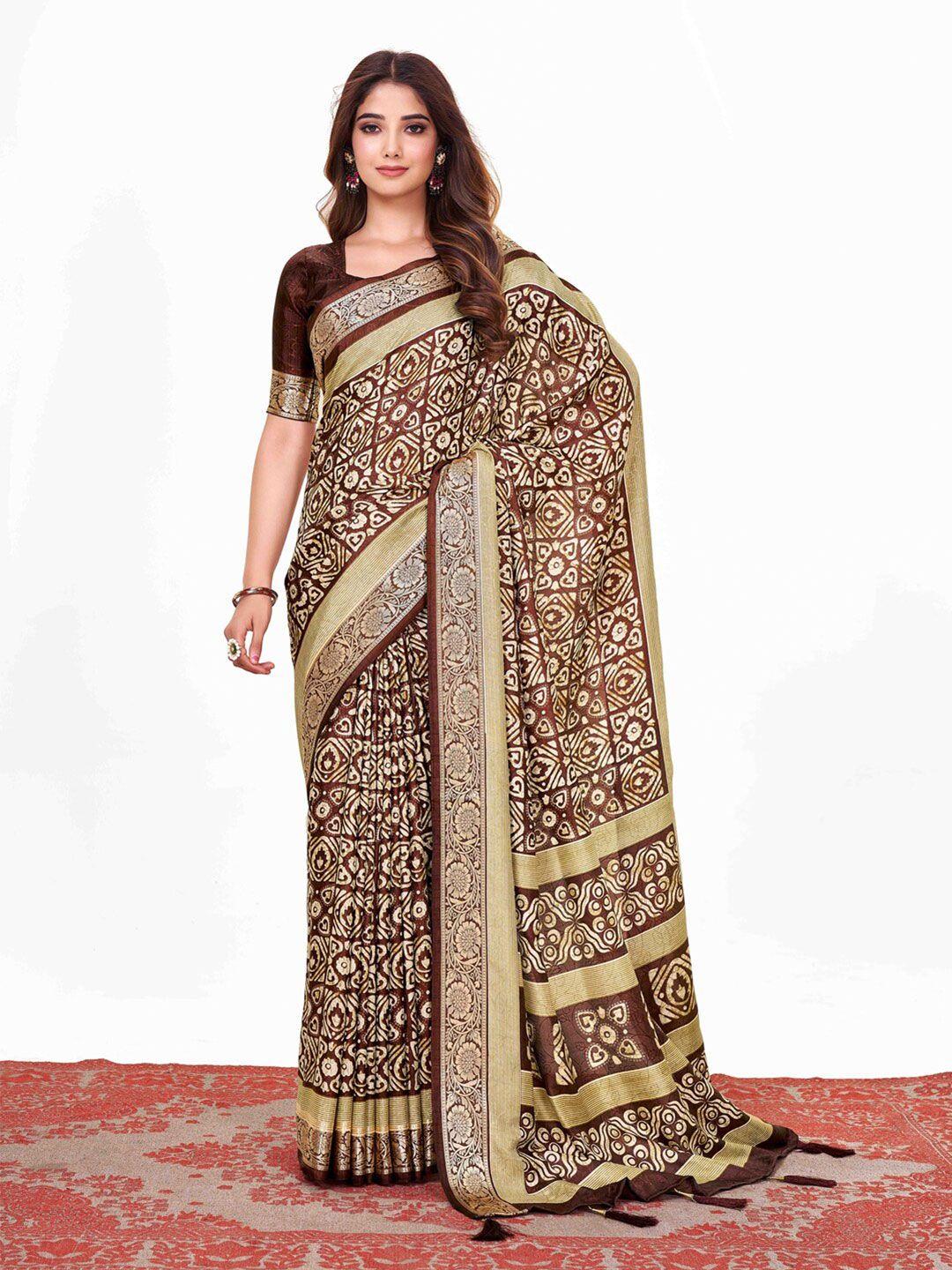 anouk coffee brown & gold-toned ethnic motifs printed zari saree