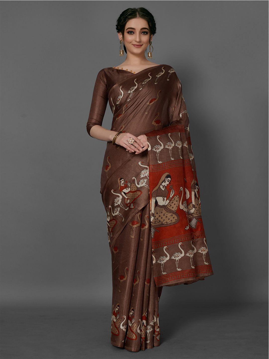 anouk coffee brown & red ethnic motifs printed bhagalpuri saree