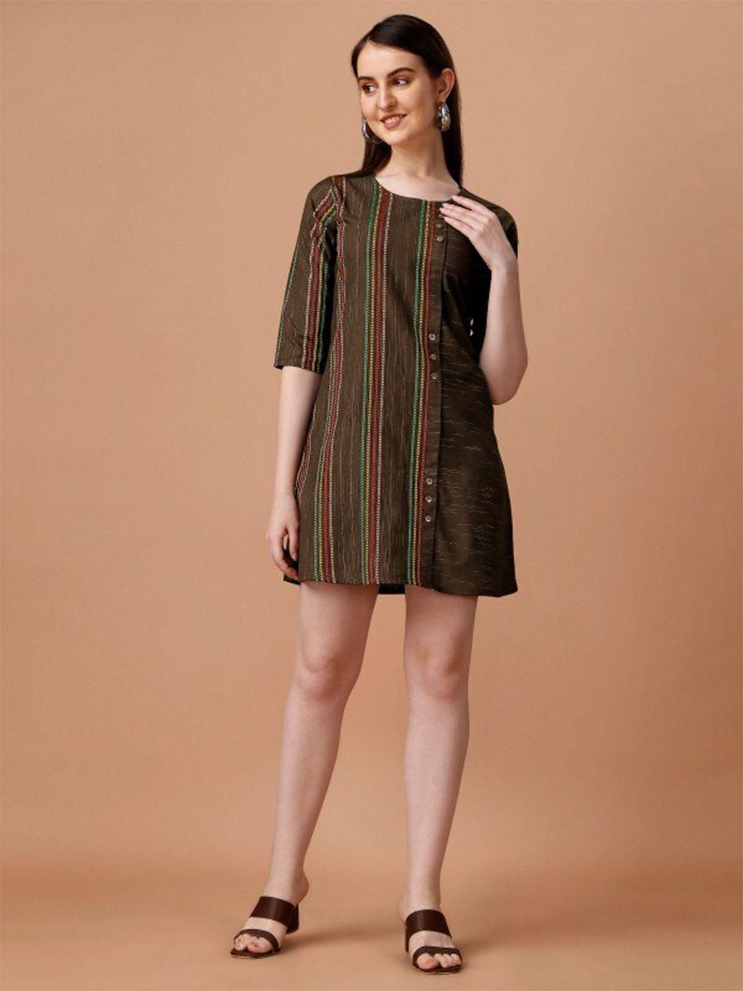 anouk coffee brown ethnic motif printed cotton a-line dress