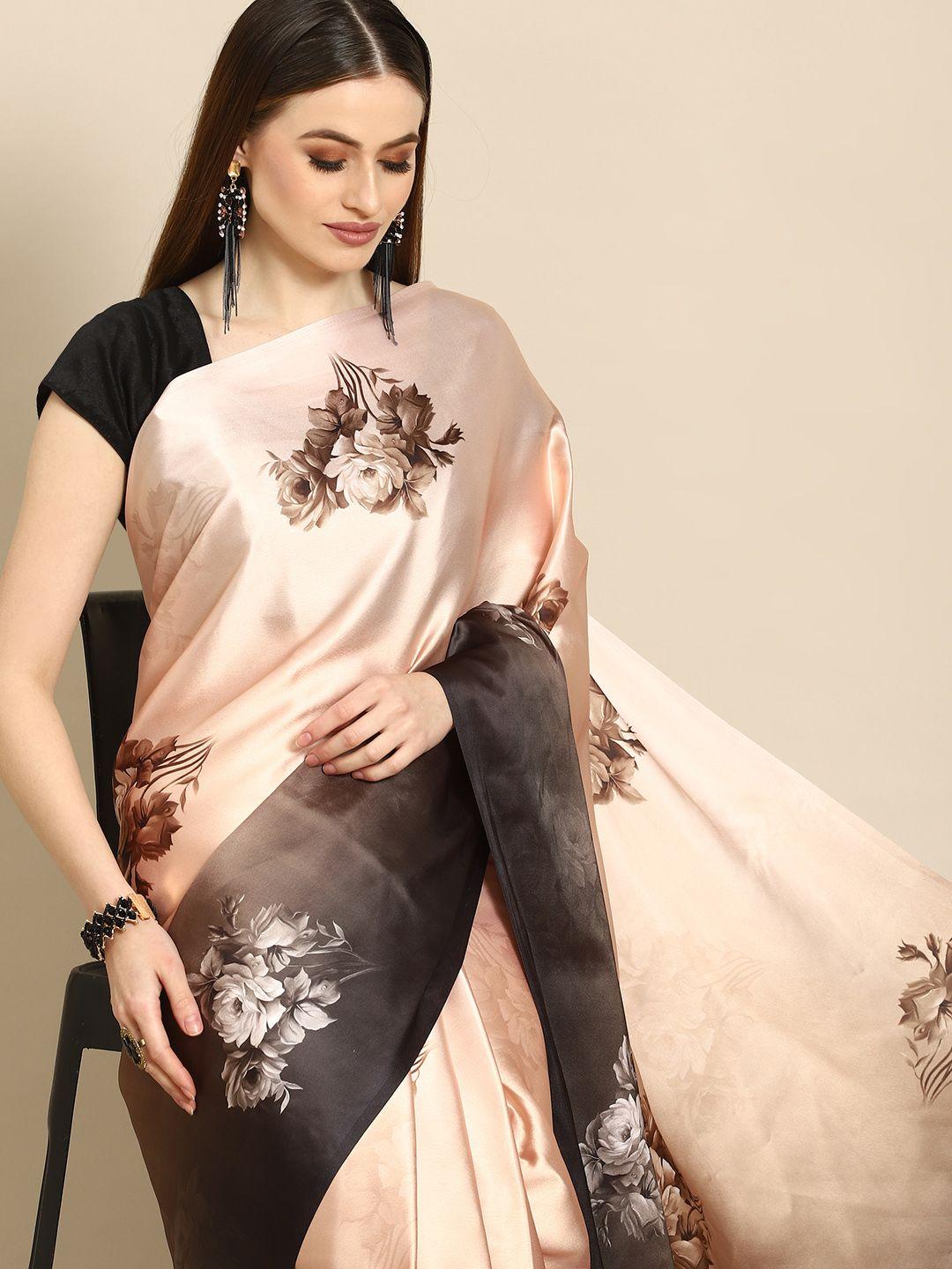 anouk coffee brown floral satin saree