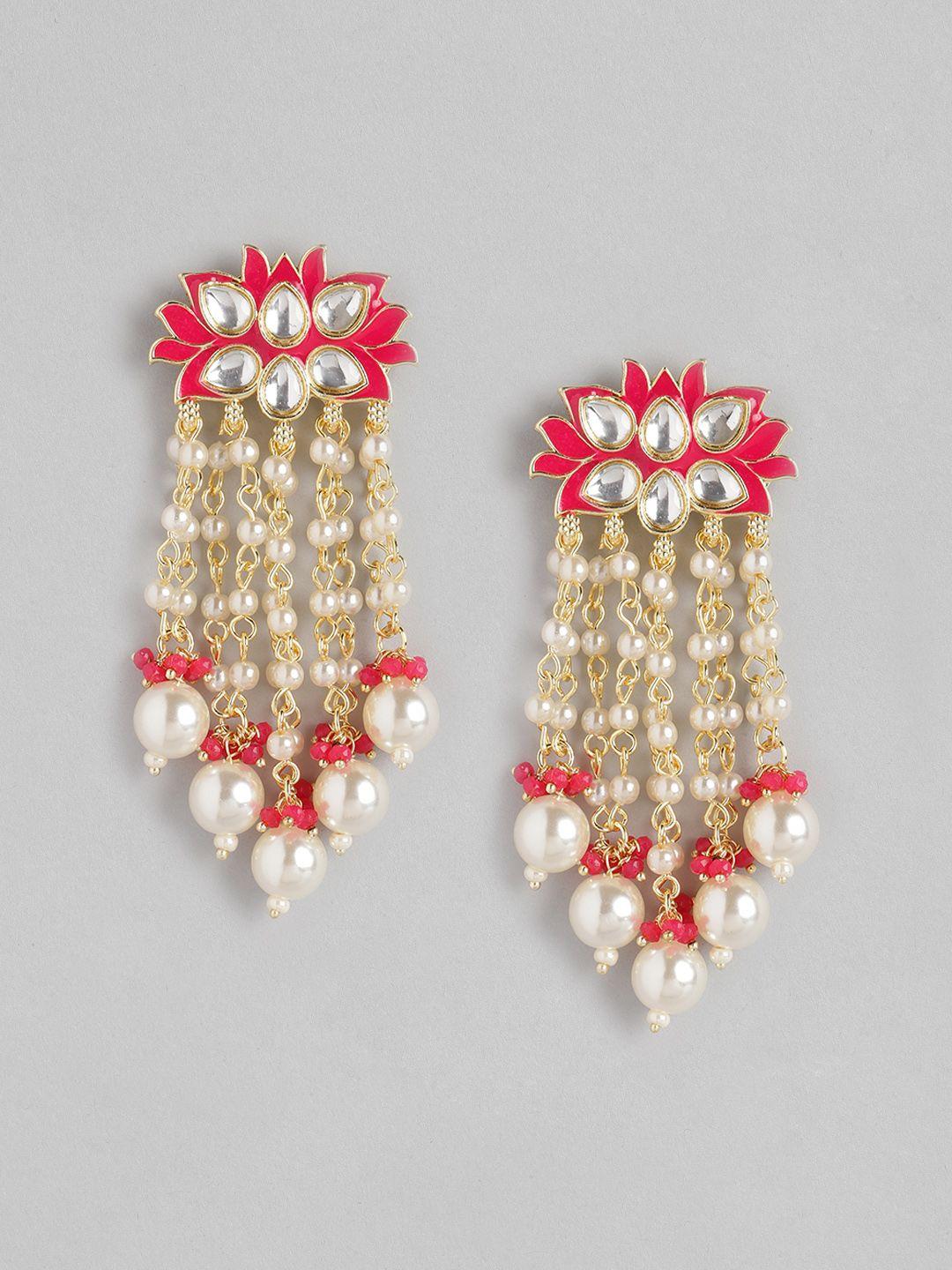 anouk coral pink & gold-toned kundan studded & beaded chandelier floral drop earrings