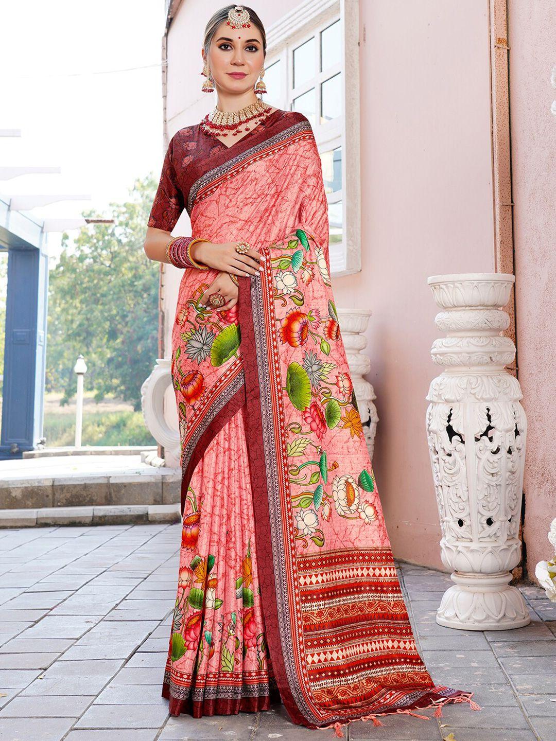 anouk coral pink floral printed saree