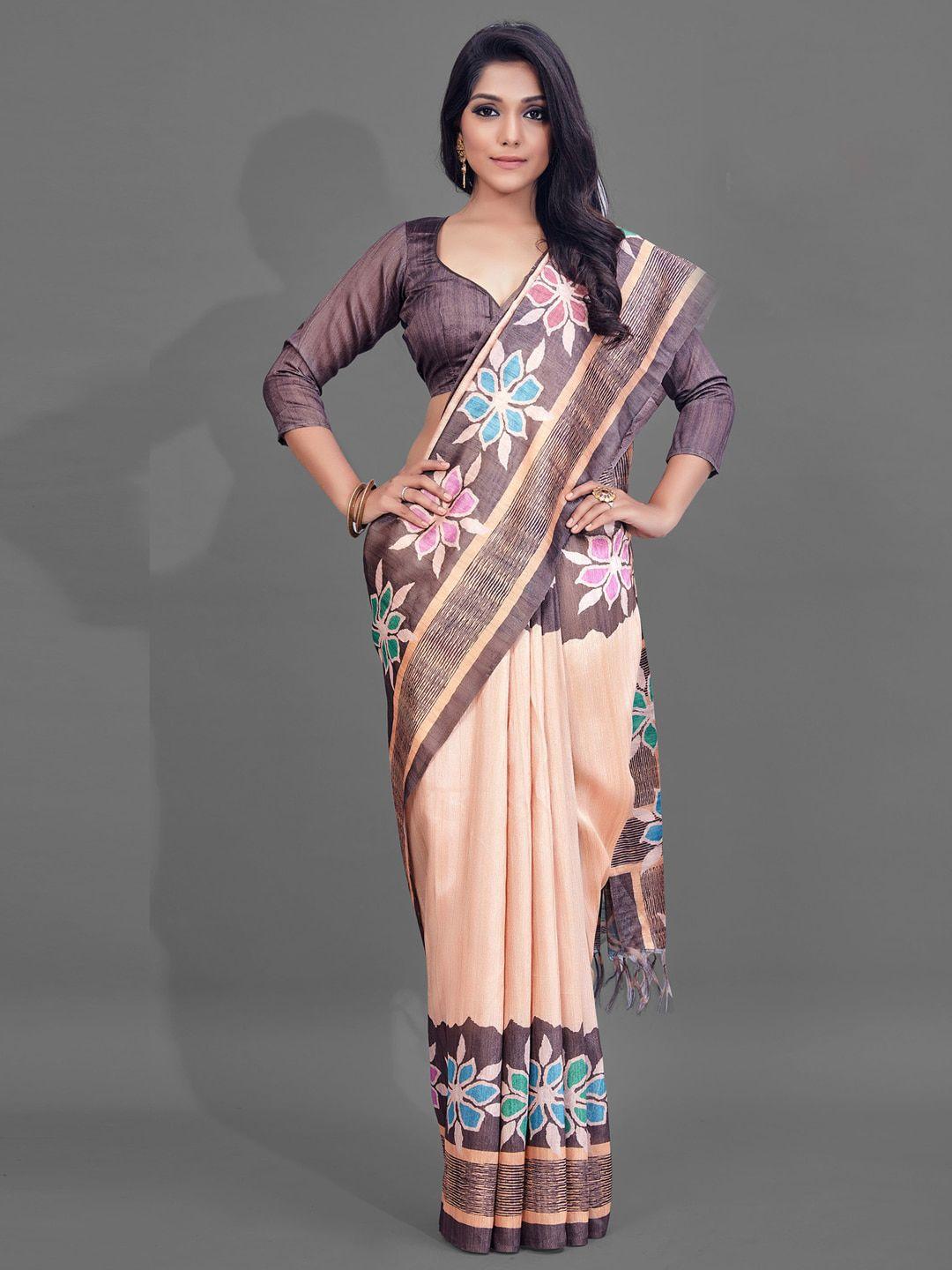 anouk cream & brown floral printed saree