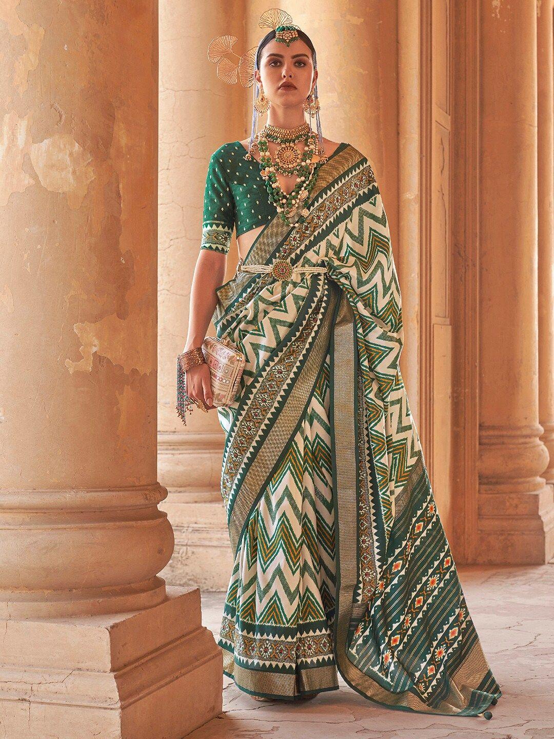 anouk cream & green ethnic motif woven design zari banarasi saree