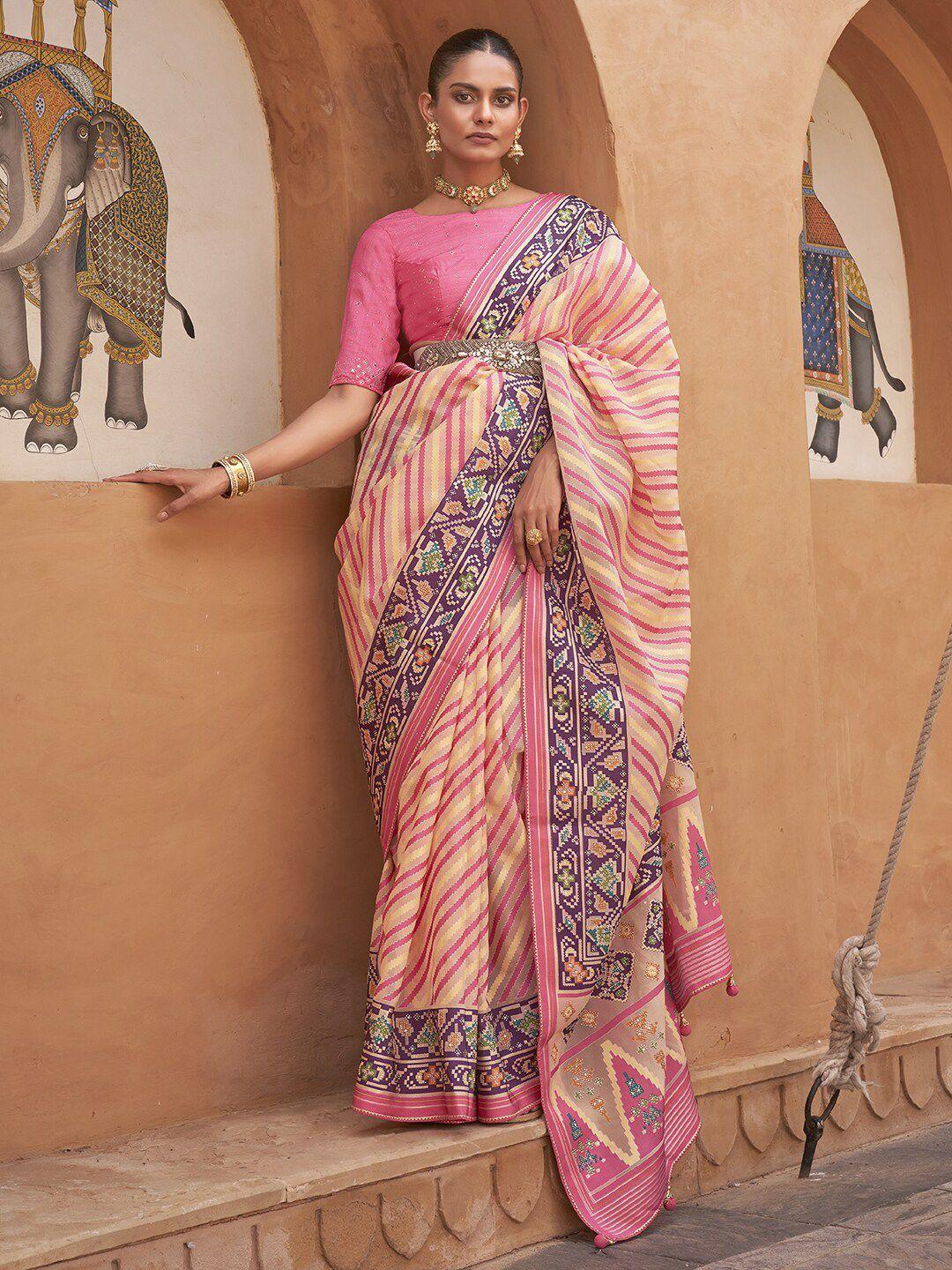 anouk cream & maroon leheriya printed gotta patti organza banarasi saree