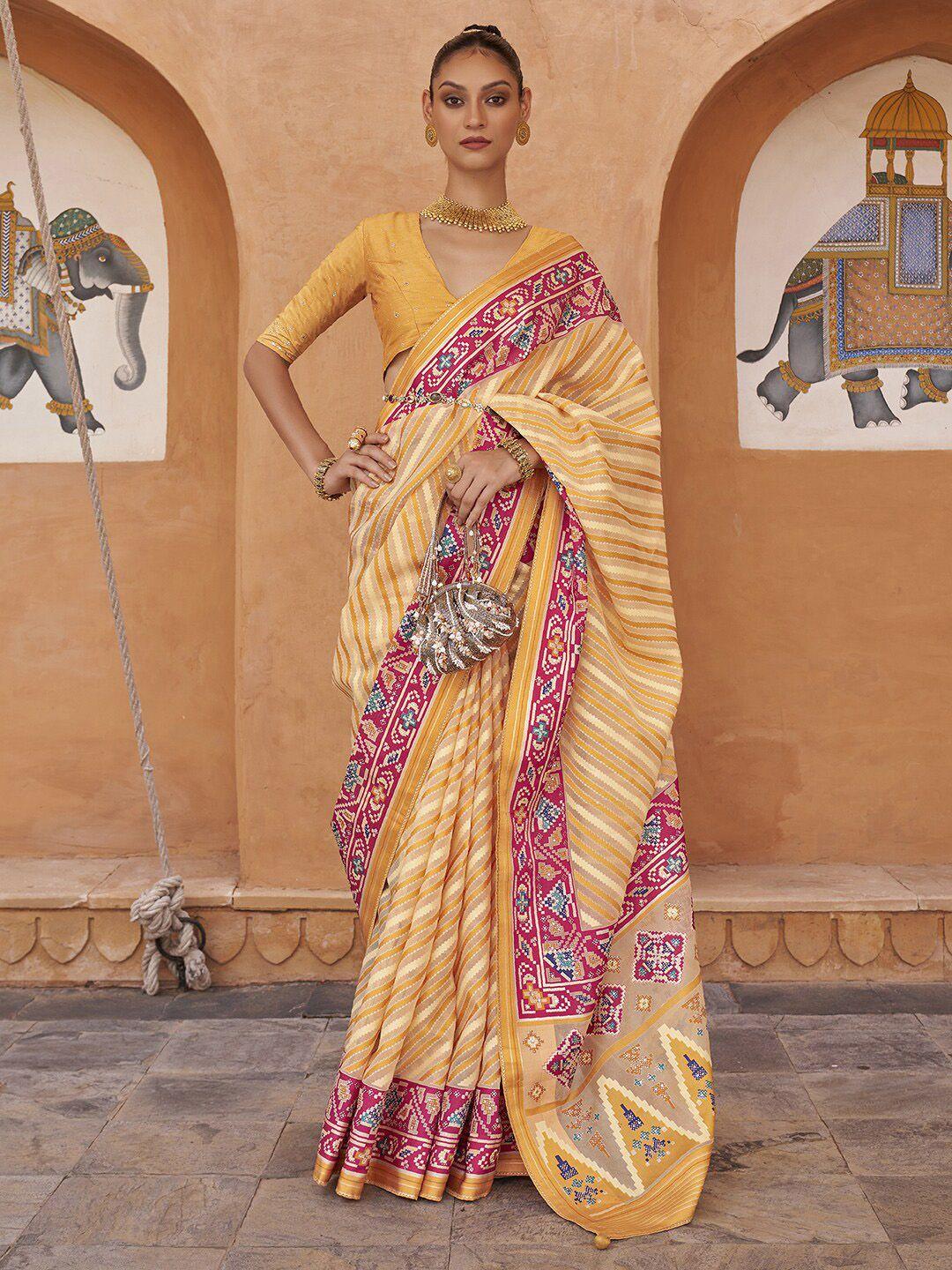 anouk cream & pink leheriya printed zari organza banarasi saree