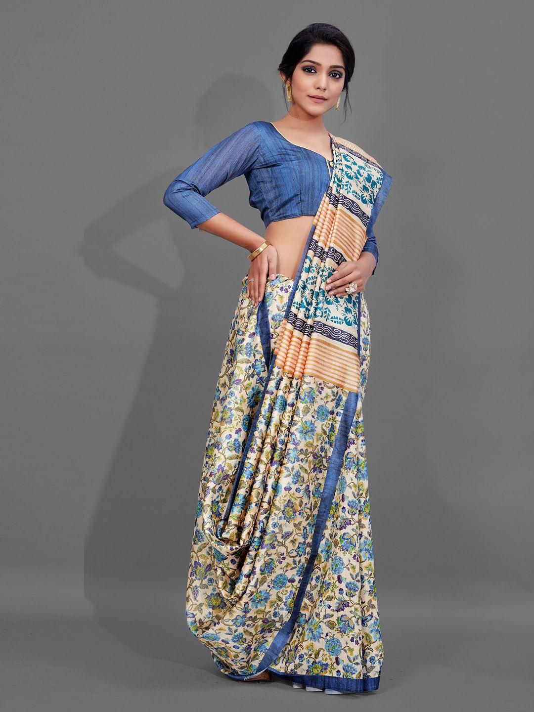 anouk cream-coloured & blue floral printed saree