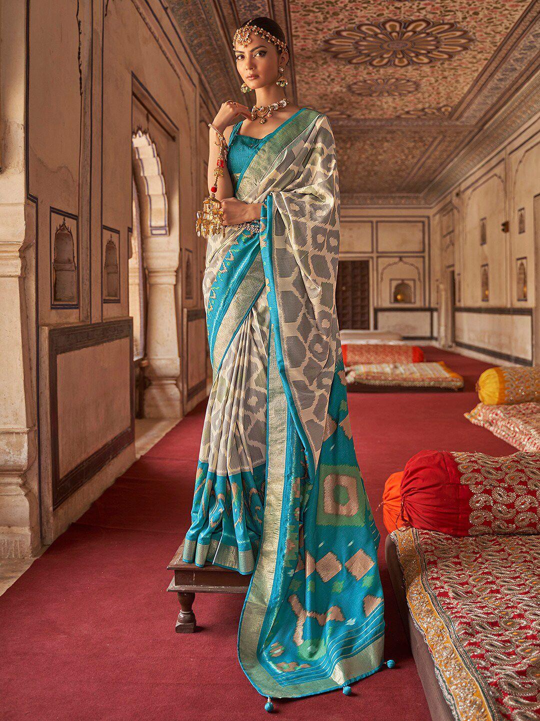 anouk cream-coloured & blue zari silk blend ikat saree