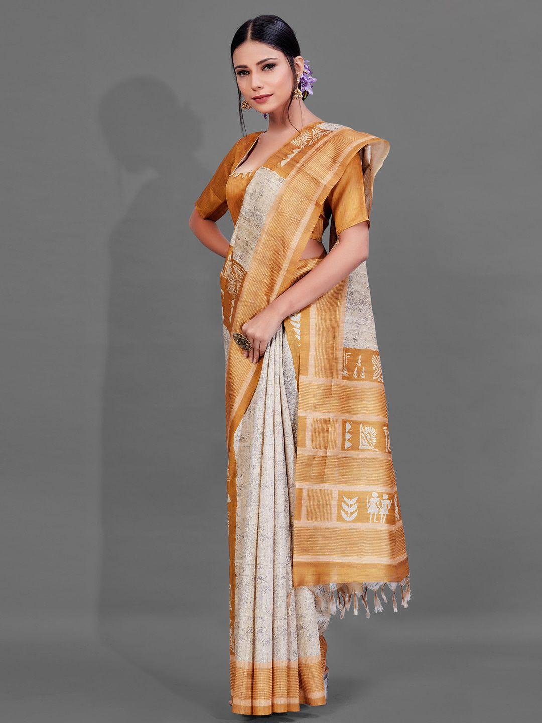 anouk cream-coloured & gold-toned warli printed saree
