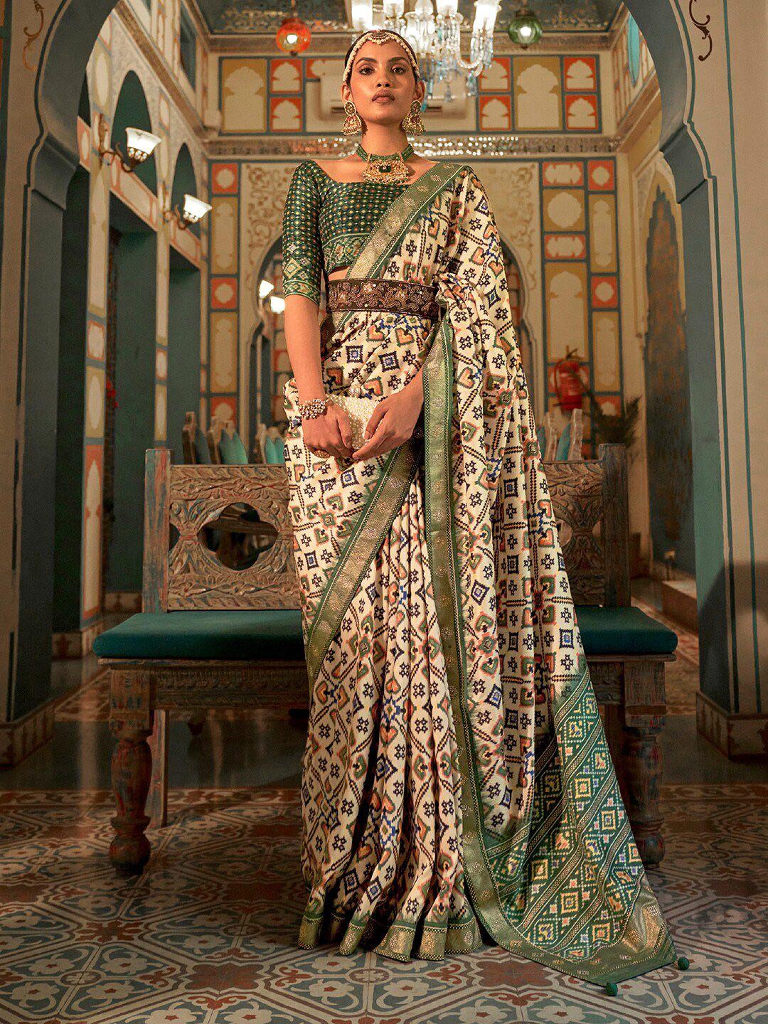 anouk cream-coloured & green ethnic motifs zari silk blend banarasi saree