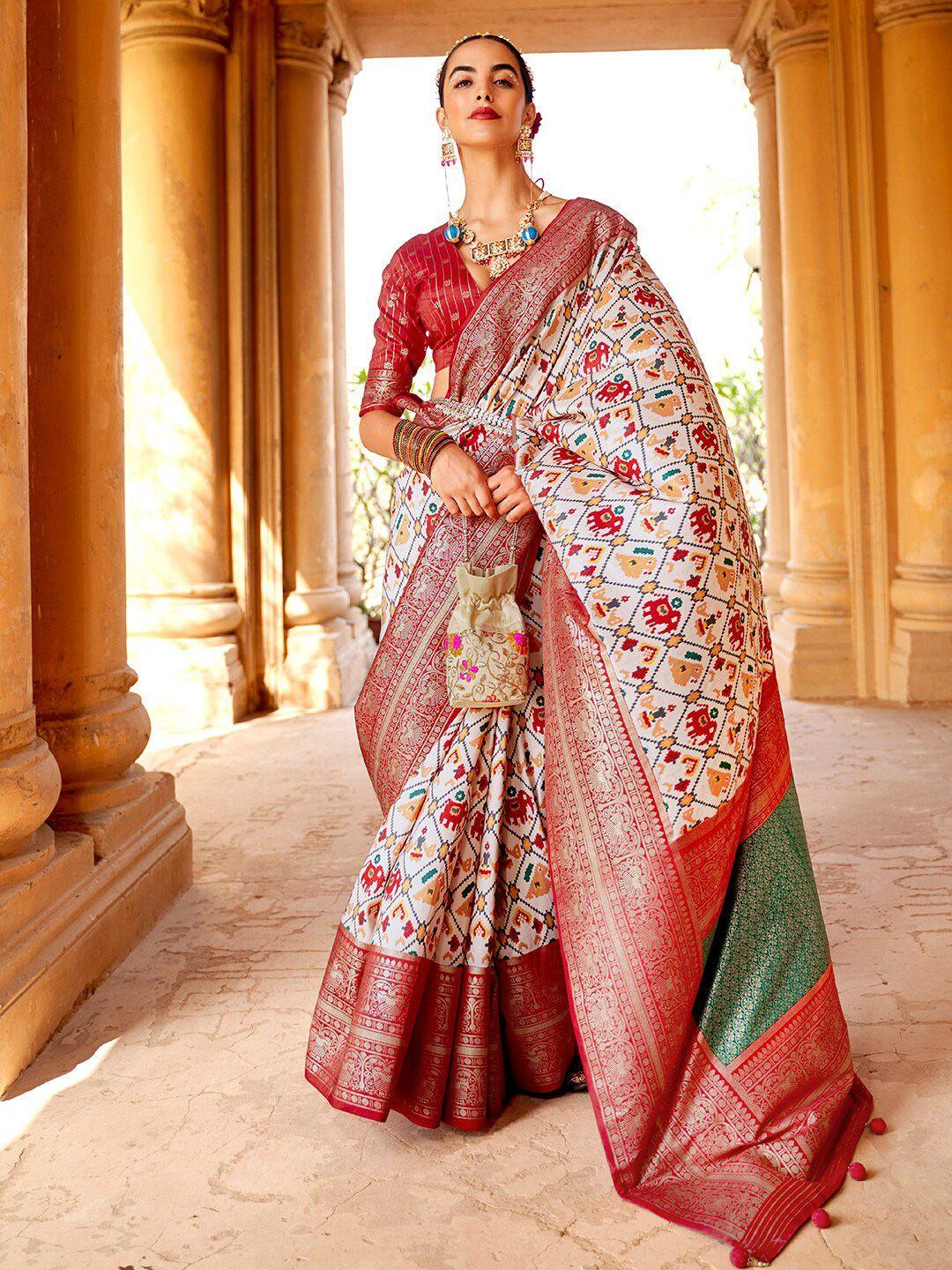 anouk cream-coloured & green ethnic motifs zari silk blend patola saree