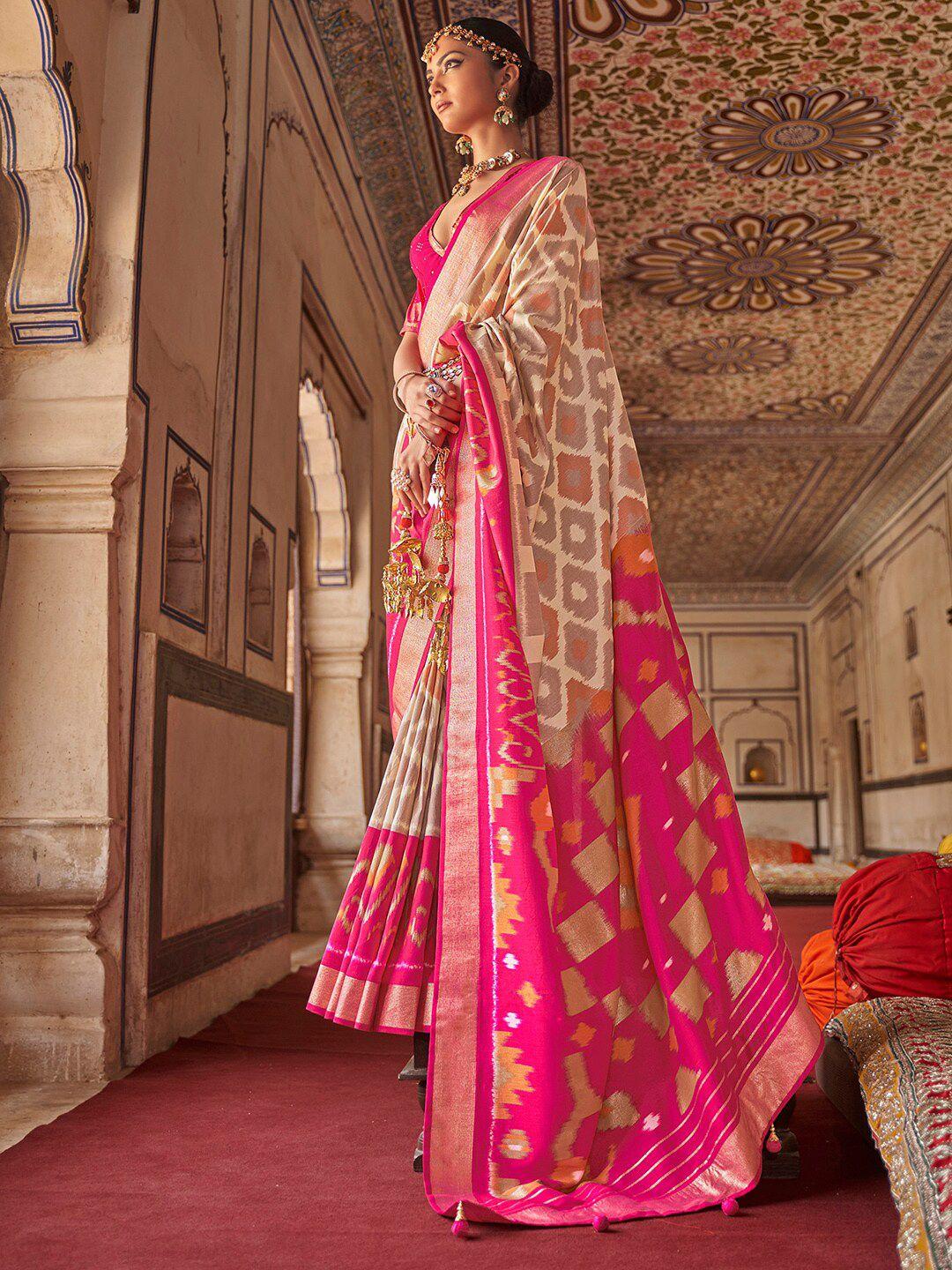 anouk cream-coloured & magenta ethnic motifs zari silk blend ikat saree