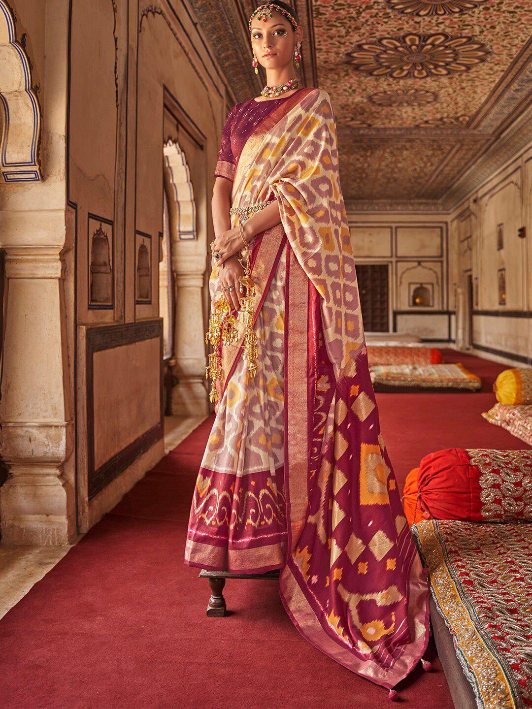 anouk cream-coloured & maroon ethnic motifs zari silk blend ikat saree