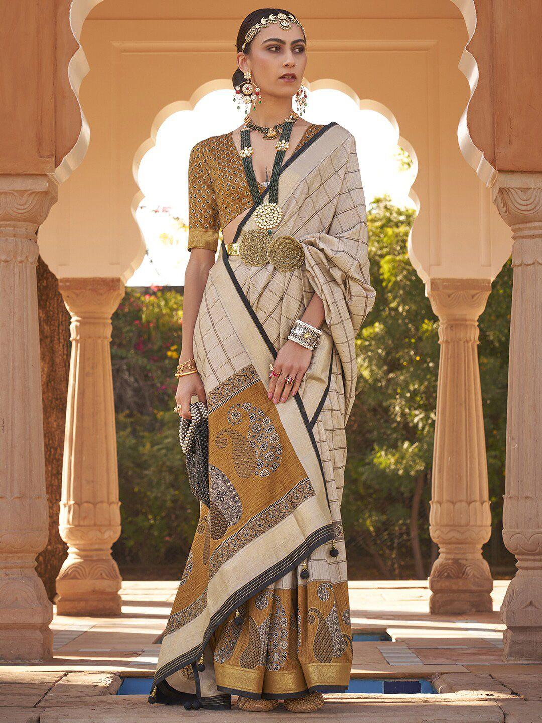 anouk cream-coloured & mustard checked tussar saree