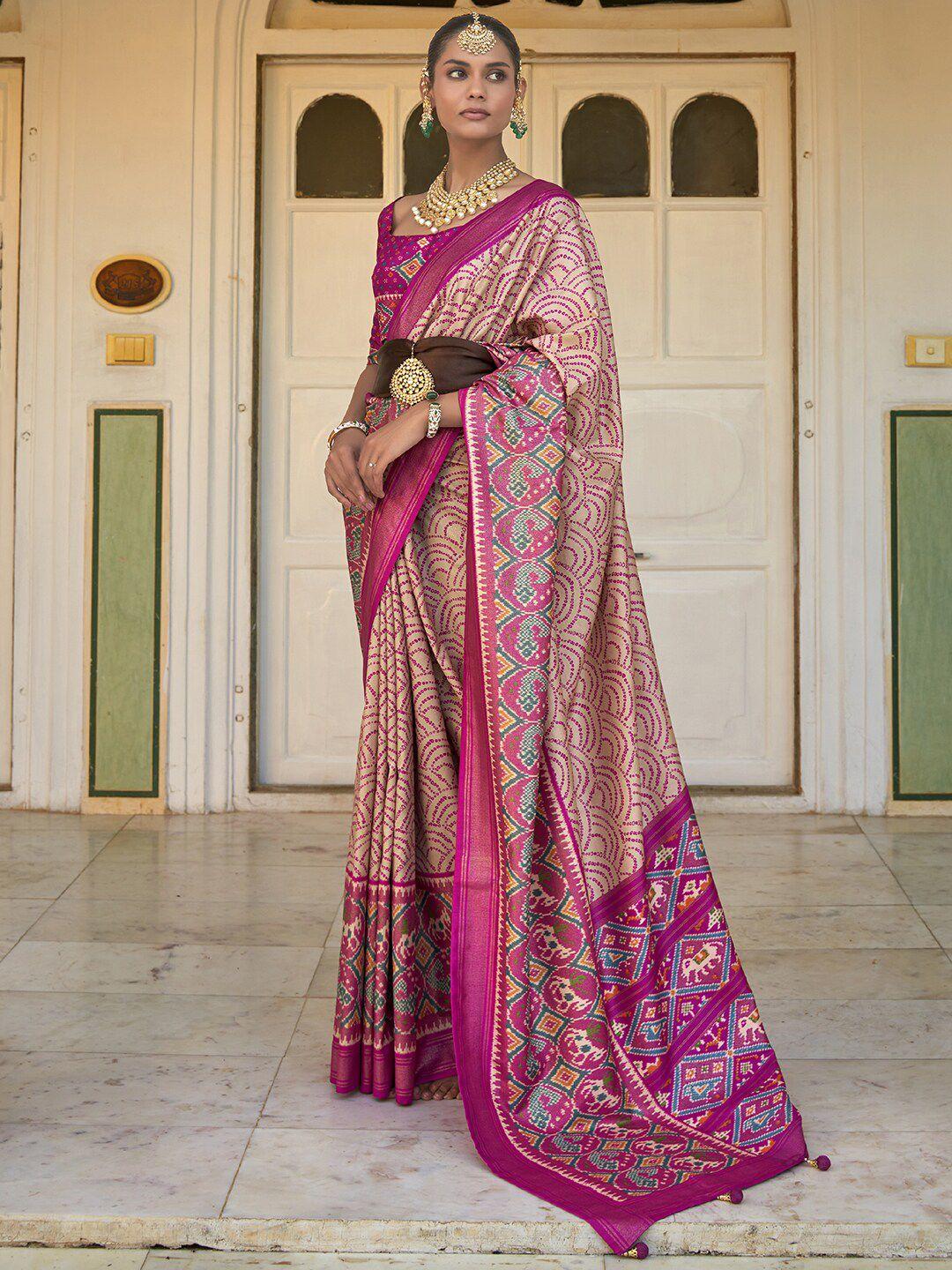 anouk cream-coloured & pink bandhani printed zari patola saree