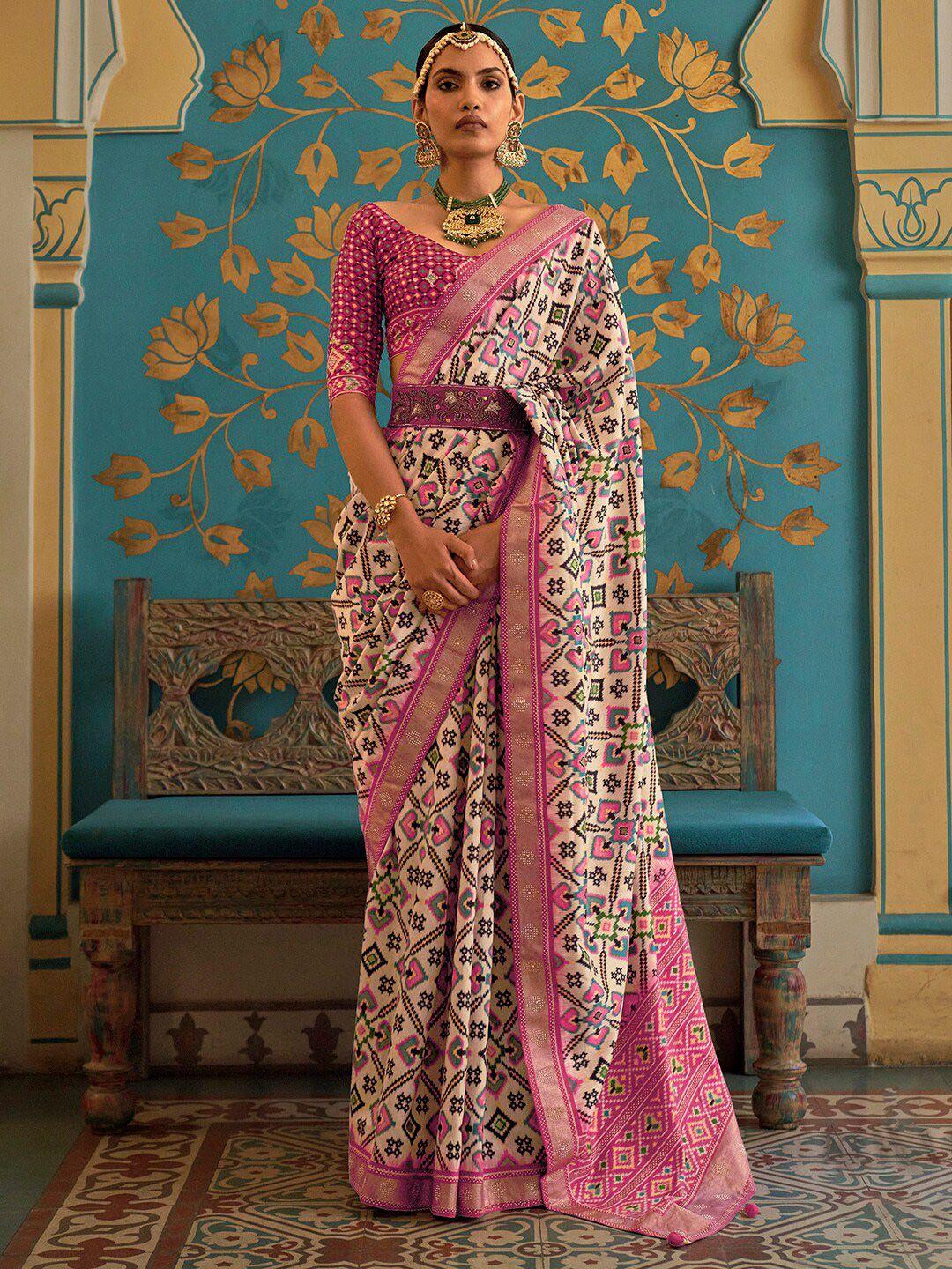 anouk cream-coloured & pink ethnic motifs silk blend banarasi saree