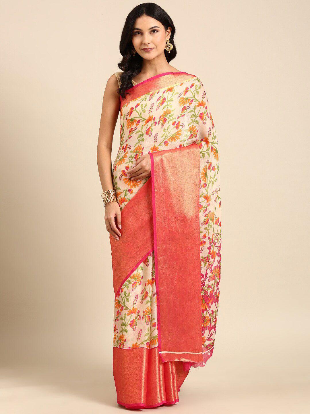 anouk cream-coloured & pink floral zari pure chiffon saree