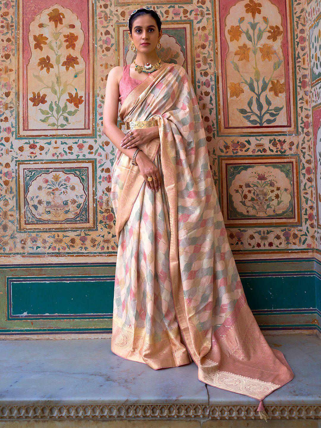 anouk cream-coloured & pink zari silk blend banarasi saree