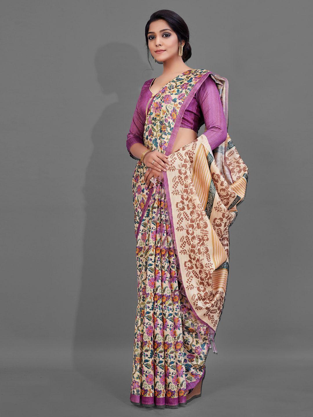 anouk cream-coloured & purple ethnic motifs silk blend baluchari saree