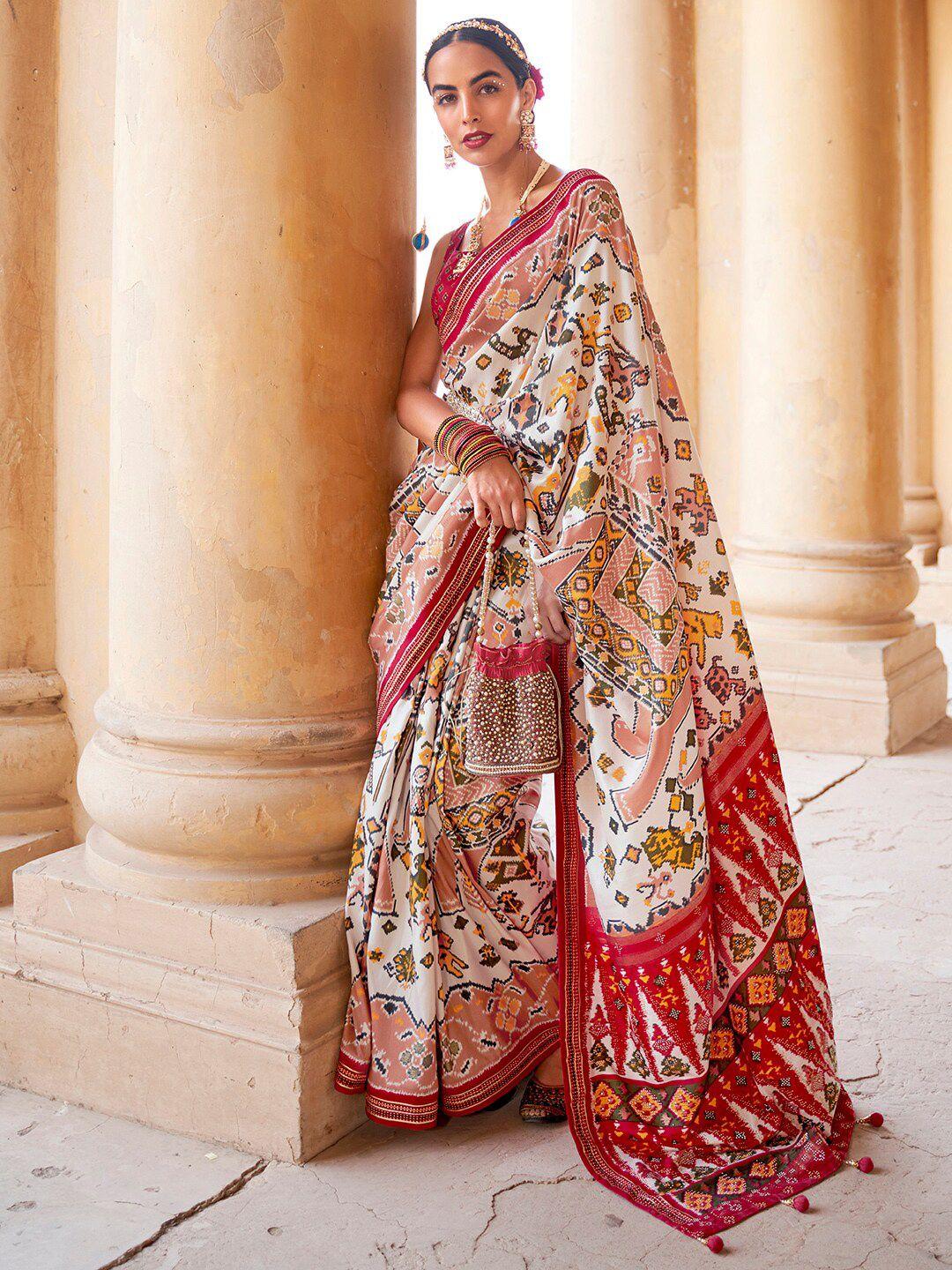 anouk cream-coloured & red ethnic motifs beads and stones silk blend patola saree