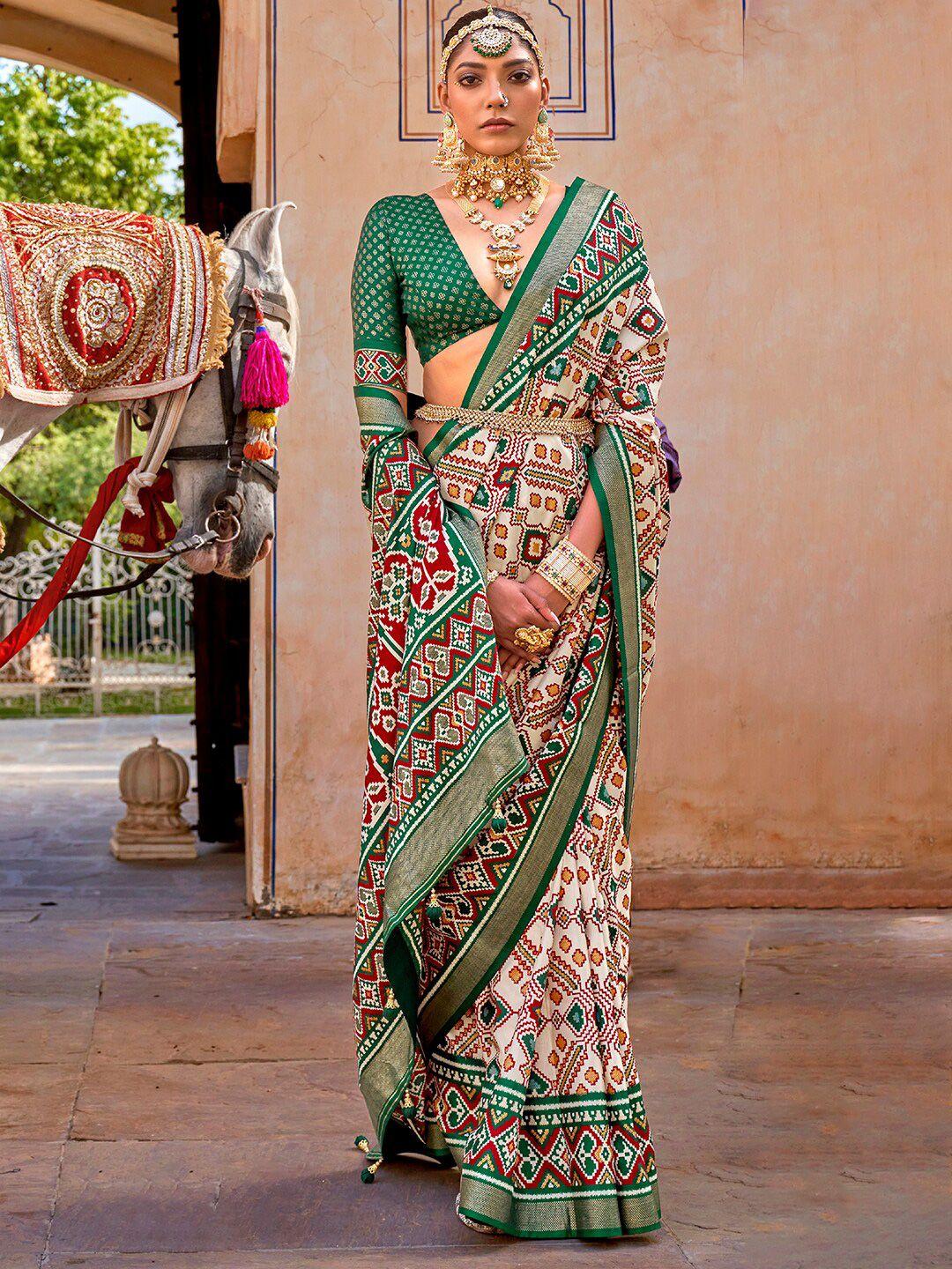 anouk cream-coloured & red ethnic motifs printed zari patola saree