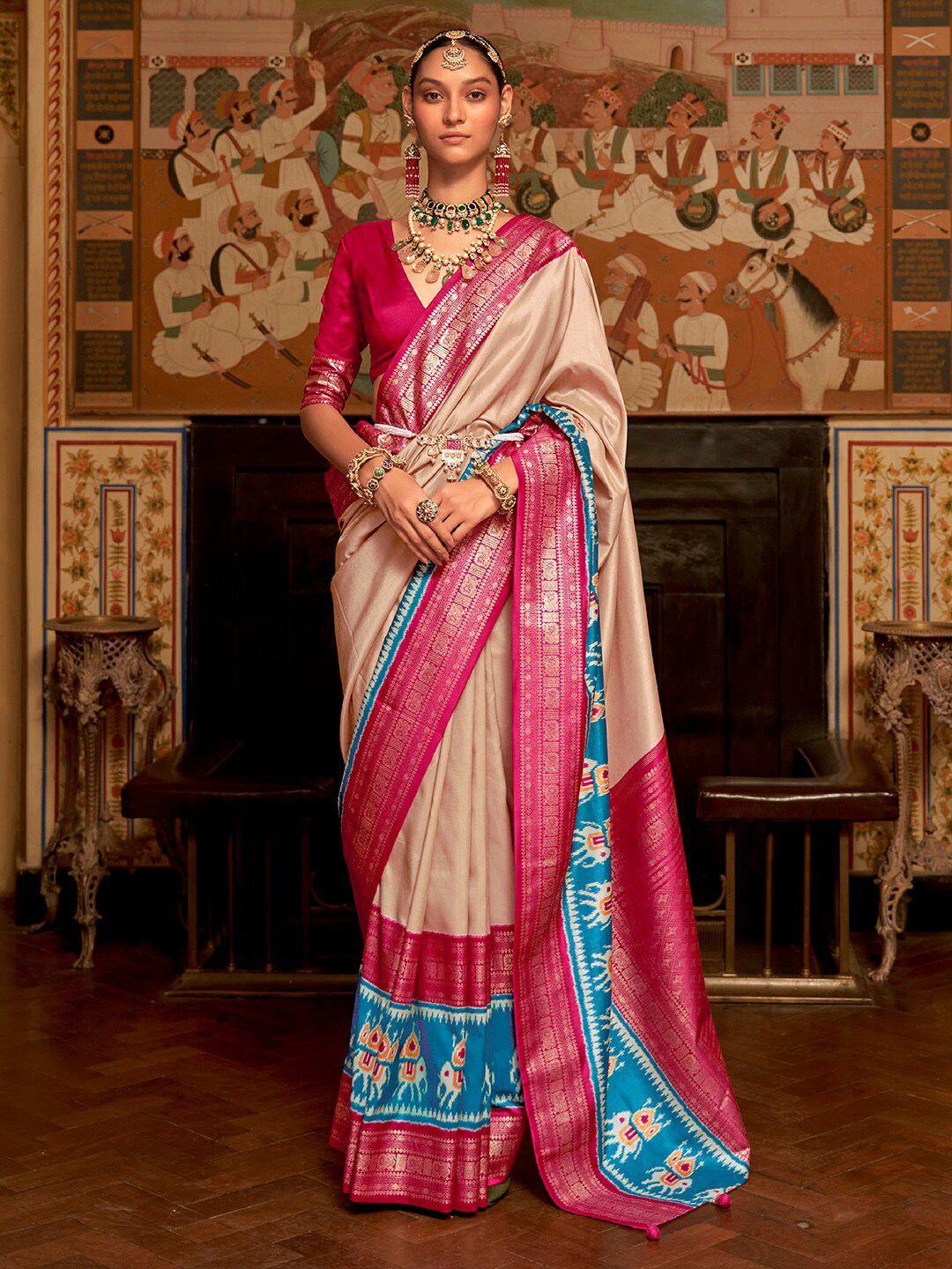 anouk cream-coloured & red ethnic motifs silk blend patola saree