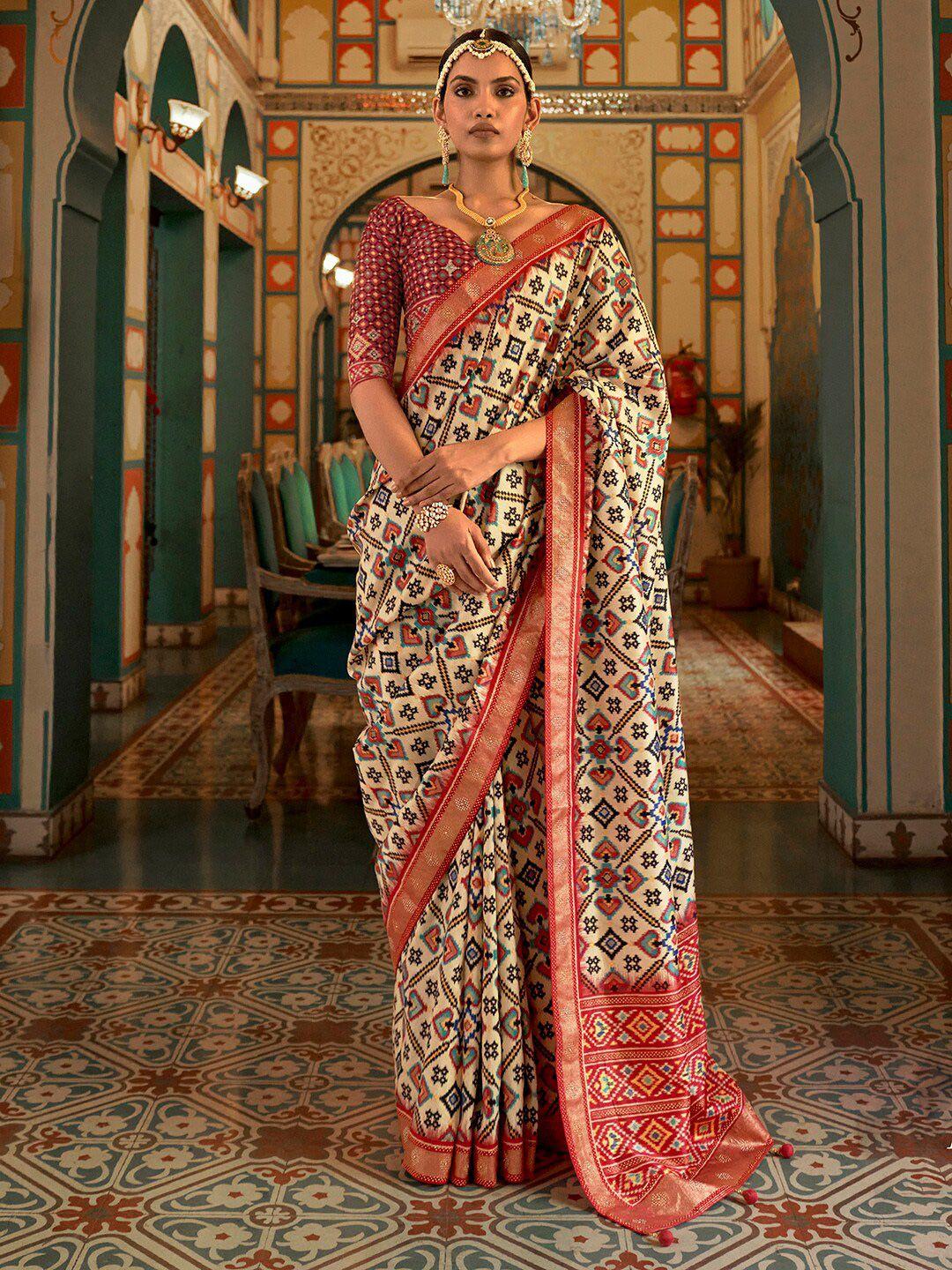 anouk cream-coloured & red ethnic motifs zari silk blend banarasi saree