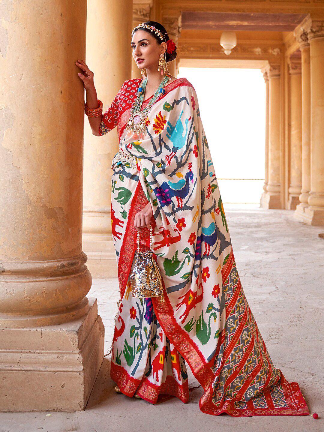 anouk cream-coloured & red ethnic motifs zari silk blend banarasi saree