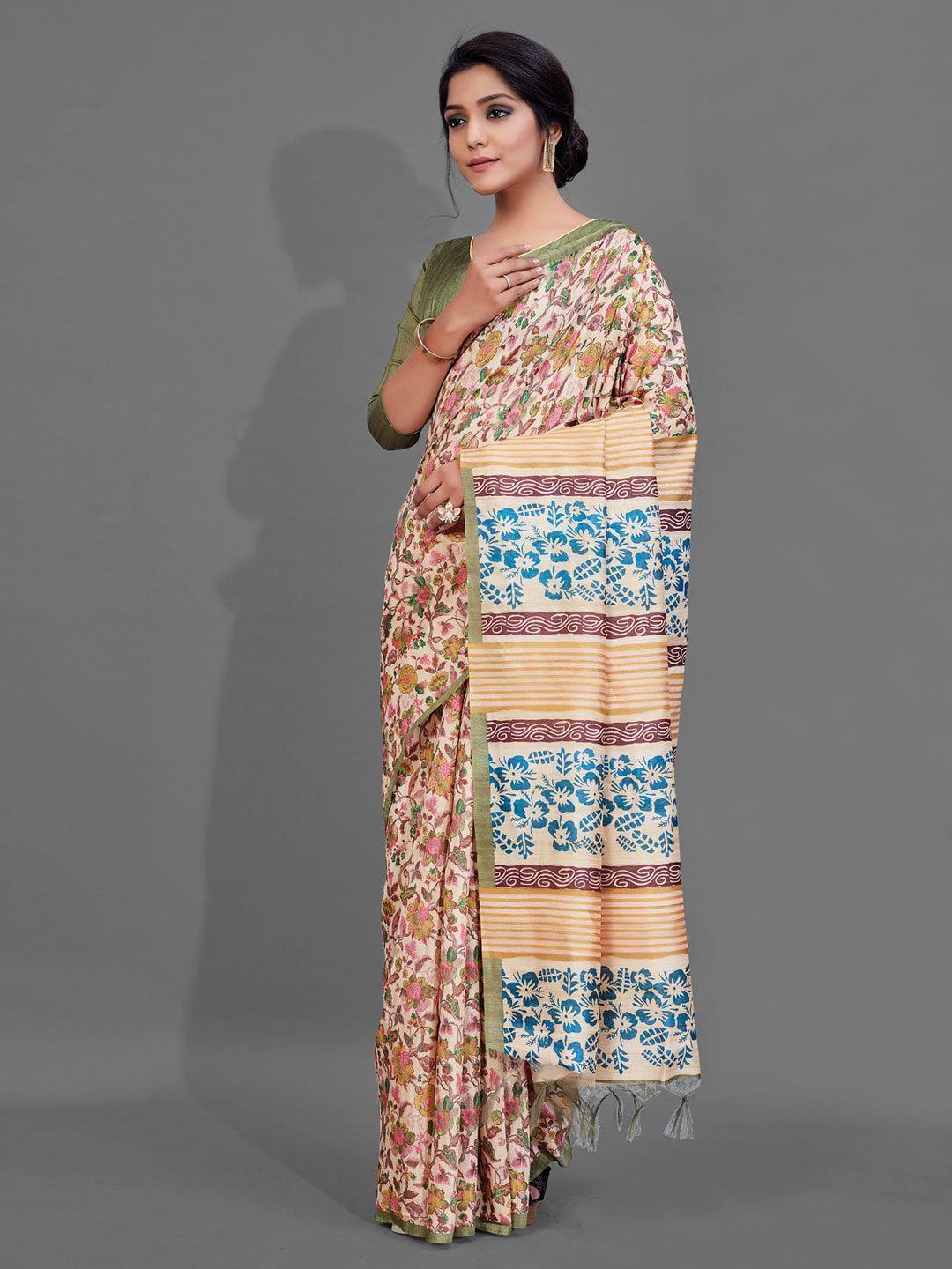 anouk cream-coloured & turquoise blue ethnic motifs printed saree