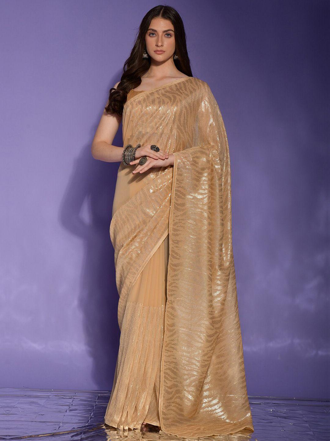 anouk cream-coloured embellished sequinned pure georgette saree