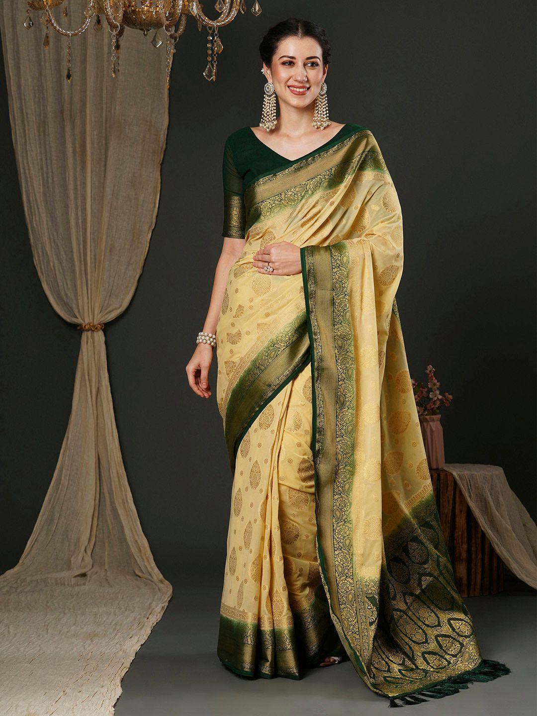 anouk cream-coloured ethnic motifs woven design pure georgette kanjeevaram saree