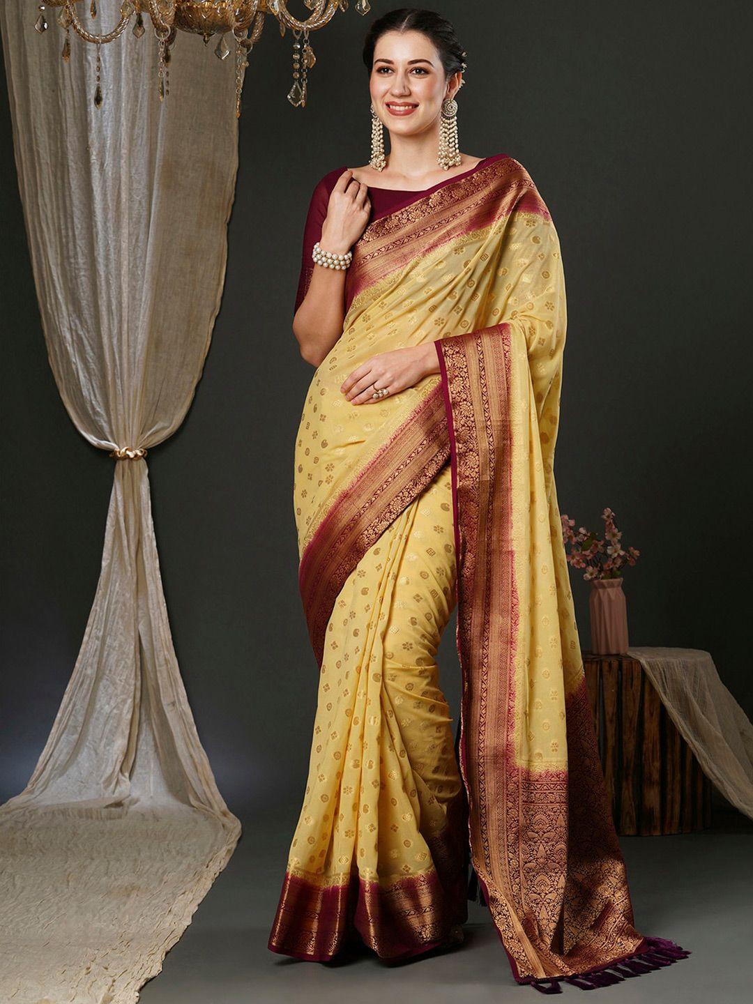 anouk cream-coloured ethnic motifs woven design pure georgette kanjeevaram saree