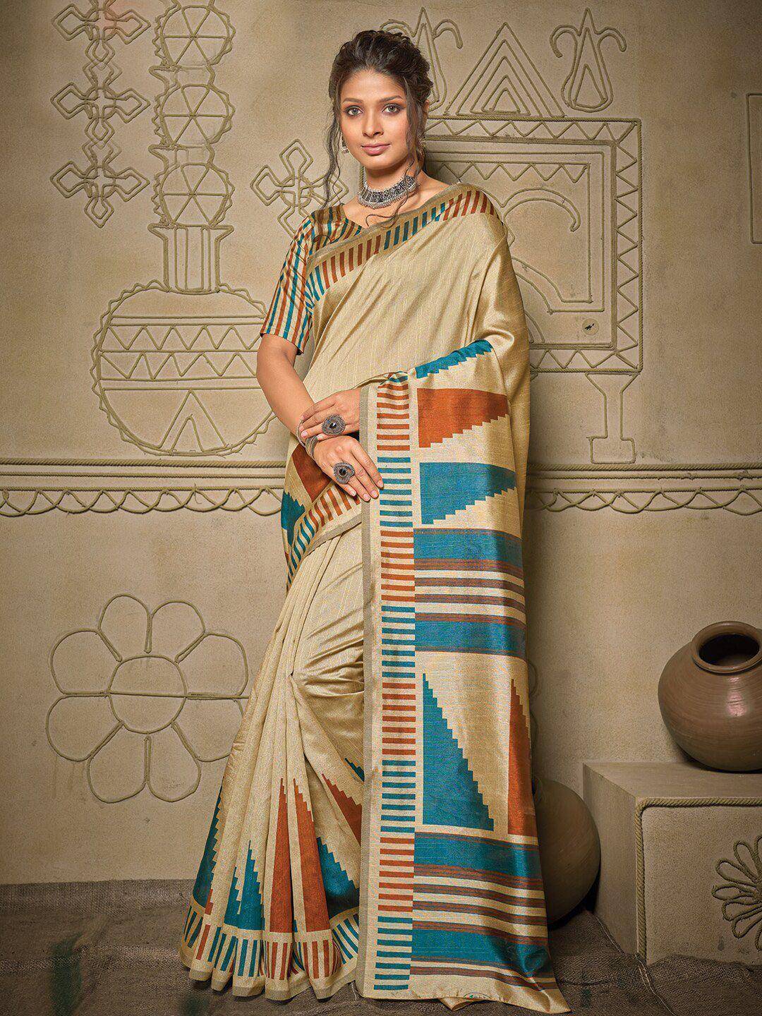 anouk cream coloured geometric printed saree