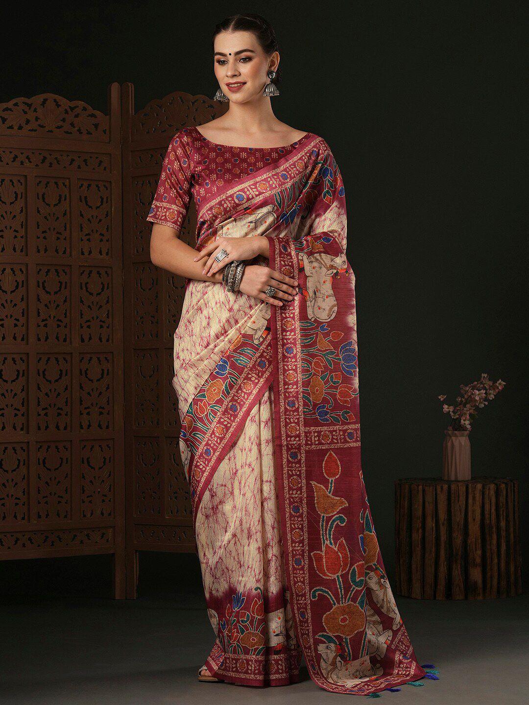 anouk cream-coloured kalamkari silk blend designer bagru saree