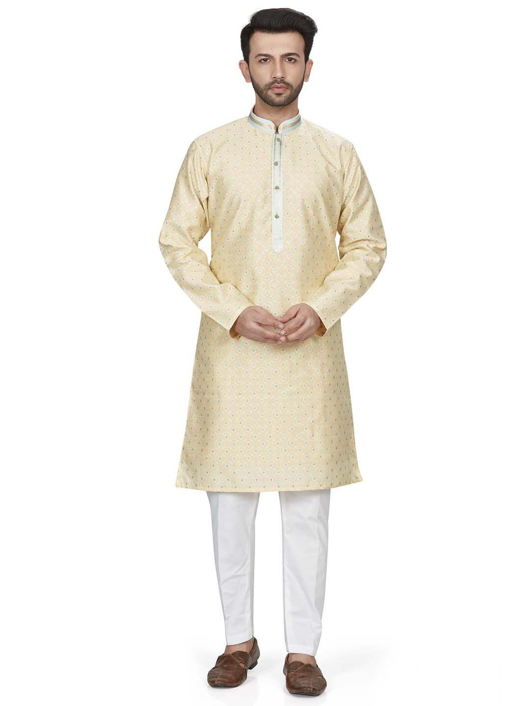 anouk cream geometric cotton mandarin collar jacquard straight kurta